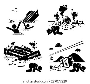 Disaster Accident Tragedy of Sinking Ship, Airplane Crash, Train Wreck, and Falling Cable Car Stick Figure Pictogram Icons