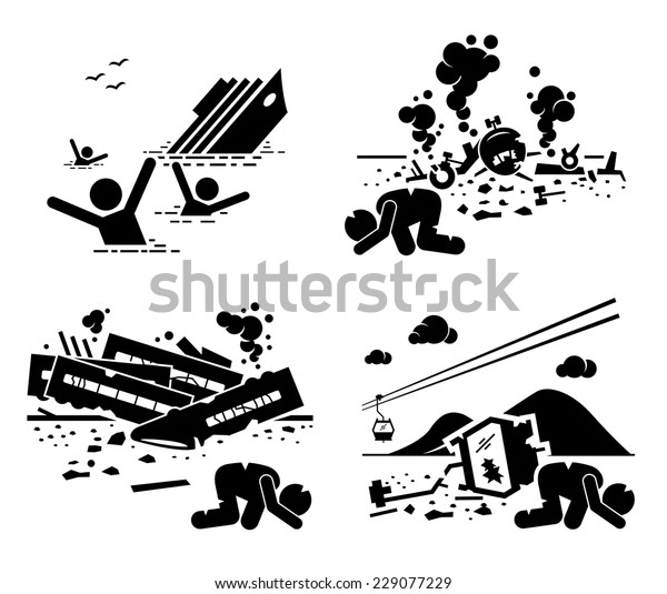 Disaster\
Accident Tragedy of Sinking Ship, Airplane Crash, Train Wreck, and\
Falling Cable Car Stick Figure Pictogram\
Icons