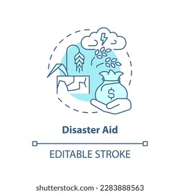 Disaster aid turquoise concept icon. Insurance for farmers. Agricultural subsidy abstract idea thin line illustration. Isolated outline drawing. Editable stroke. Arial, Myriad Pro-Bold fonts used