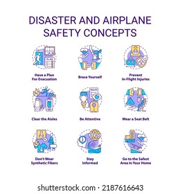 Iconos del concepto de seguridad de los aviones y desastres. Ilustraciones de color de línea delgada de la idea de preparación para emergencias. Sé atento. Símbolos aislados. Trazo editable. Fuentes Roboto-Medium, Myriad Pro-Bold utilizadas