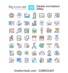 Disaster and airplane safety RGB color icons set. House protection. Safety measures. Isolated vector illustrations. Simple filled line drawings collection. Editable stroke. Quicksand-Light font used