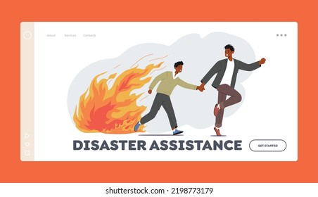 Disaster Assistance Landing Page Template. People Escaping from Ragging Fire, African Man and Boy in Dangerous Situation, Characters Leaving War Zone, Evacuation. Cartoon People Vector Illustration