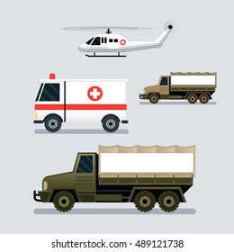 Disaster Assistance Response Vehicles, Side View, Emergency, Aid, Truck, Ambulance, Helicopter