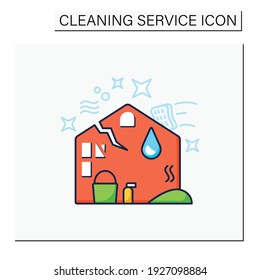 Disaster cleaning color icon. Restoration process after earthquake, flooding, fire. Cleanup services. Mopping, wiping, dusting. Cleaning concept. Isolated vector illustration
