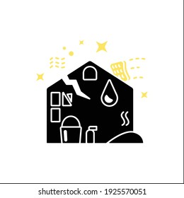Disaster cleaning glyph icon.Restoration process after earthquake, flooding, fire. Cleanup services. Mopping, wiping, dusting. Cleaning concept.Filled flat sign.Isolated silhouette vector illustration