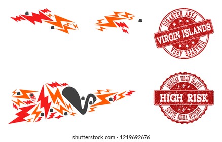 Disaster collage of mosaic map of American Virgin Islands and scratched seals. Vector red seals with scratched rubber texture for high risk regions. Flat design for accident purposes.