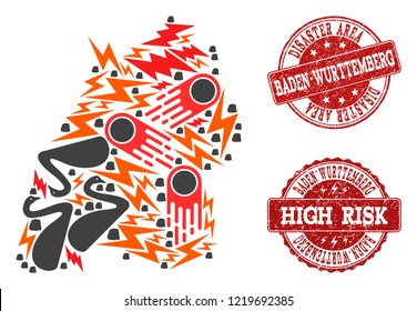 Disaster collage of mosaic map of Baden-Wurttemberg State and rubber stamps. Vector red seals with grunge rubber texture for high risk regions. Flat design for black swan posters.