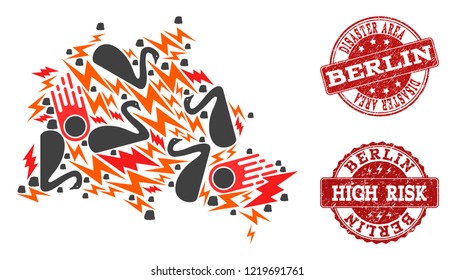 Disaster collage of mosaic map of Berlin City and corroded seals. Vector red seals with unclean rubber texture for high risk regions. Flat design for accident posters.