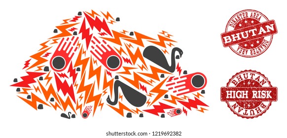 Disaster collage of mosaic map of Bhutan and corroded seal stamps. Vector red imprints with corroded rubber texture for high risk regions. Flat design for black swan templates.