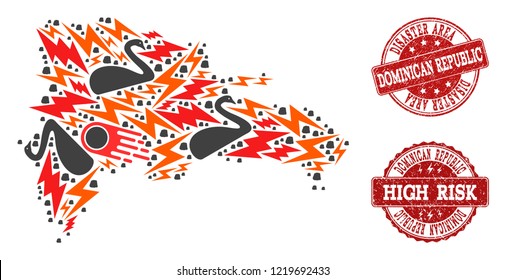 Disaster collage of mosaic map of Dominican Republic and dirty stamps. Vector red watermarks with scratched rubber texture for high risk regions. Flat design for black swan illustrations.