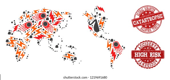 Disaster collage of mosaic map of Earth and corroded seals. Vector red seals with corroded rubber texture for high risk regions. Flat design for problem purposes.