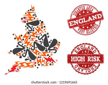 Disaster collage of mosaic map of England and rubber seals. Vector red seals with scratched rubber texture for high risk regions. Flat design for apocalypse templates.