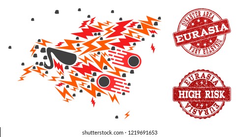 Disaster collage of mosaic map of Europe and Asia and rubber seals. Vector red watermarks with distress rubber texture for high risk regions. Flat design for storm posters.