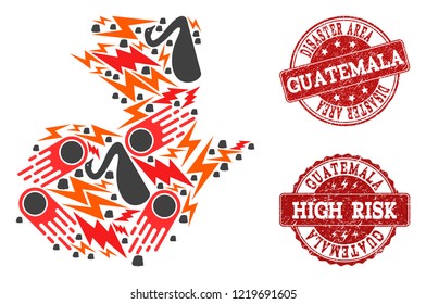 Disaster collage of mosaic map of Guatemala and dirty seal stamps. Vector red seals with corroded rubber texture for high risk regions. Flat design for black swan illustrations.