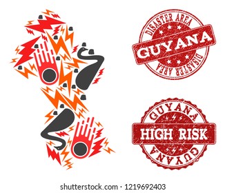Disaster collage of mosaic map of Guyana and rubber seals. Vector red watermarks with scratched rubber texture for high risk regions. Flat design for disaster posters.