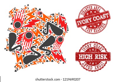 Disaster collage of mosaic map of Ivory Coast and rubber seals. Vector red imprints with distress rubber texture for high risk regions. Flat design for disaster illustrations.