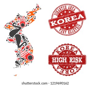 Disaster collage of mosaic map of Korea and scratched seals. Vector red watermarks with scratched rubber texture for high risk regions. Flat design for disaster purposes.
