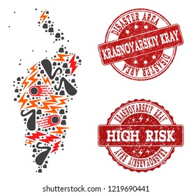 Disaster collage of mosaic map of Krasnoyarskiy Kray and grunge stamps. Vector red watermarks with grunge rubber texture for high risk regions. Flat design for disaster posters.