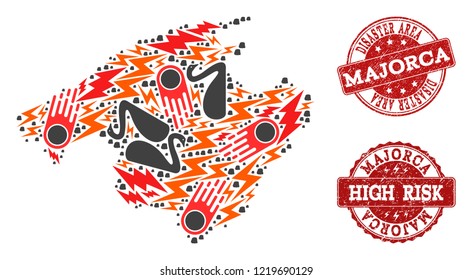 Disaster collage of mosaic map of Majorca and dirty seal stamps. Vector red watermarks with grunge rubber texture for high risk regions. Flat design for disaster illustrations.