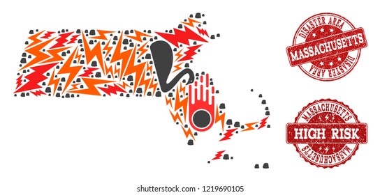 Disaster collage of mosaic map of Massachusetts State and dirty seals. Vector red seals with corroded rubber texture for high risk regions. Flat design for disaster illustrations.