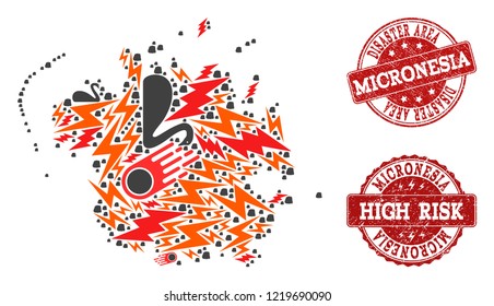 Disaster collage of mosaic map of Micronesia island and scratched seals. Vector red seals with scratched rubber texture for high risk regions. Flat design for black swan templates.