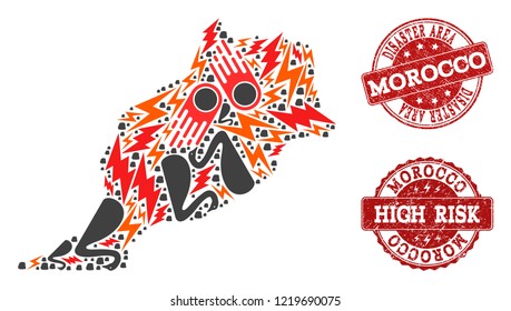 Disaster collage of mosaic map of Morocco and rubber stamps. Vector red watermarks with grunge rubber texture for high risk regions. Flat design for black swan purposes.