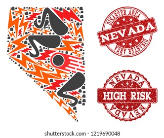 Disaster collage of mosaic map of Nevada State and textured seals. Vector red seals with grunge rubber texture for high risk regions. Flat design for disaster posters.