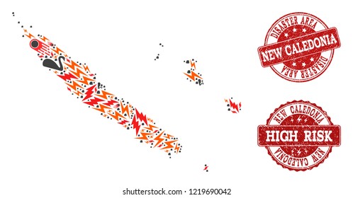 Disaster collage of mosaic map of New Caledonia and dirty seal stamps. Vector red imprints with distress rubber texture for high risk regions. Flat design for disaster purposes.