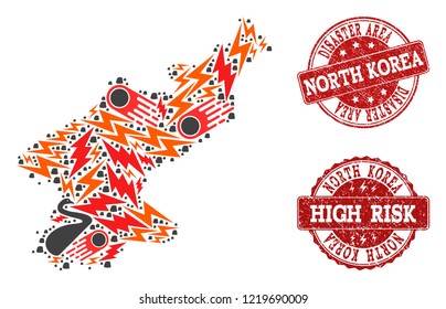 Disaster collage of mosaic map of North Korea and corroded seals. Vector red seals with grunge rubber texture for high risk regions. Flat design for black swan posters.
