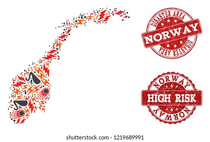 Disaster collage of mosaic map of Norway and corroded stamps. Vector red seals with corroded rubber texture for high risk regions. Flat design for black swan templates.