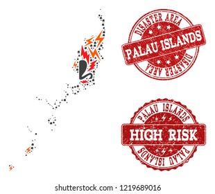 Disaster collage of mosaic map of Palau Islands and rubber seal stamps. Vector red seals with unclean rubber texture for high risk regions. Flat design for disaster posters.