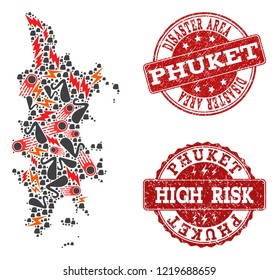 Disaster collage of mosaic map of Phuket and grunge seals. Vector red seals with distress rubber texture for high risk regions. Flat design for black swan templates.