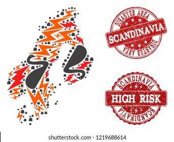 Disaster collage of mosaic map of Scandinavia and corroded seal stamps. Vector red seals with corroded rubber texture for high risk regions. Flat design for disaster purposes.