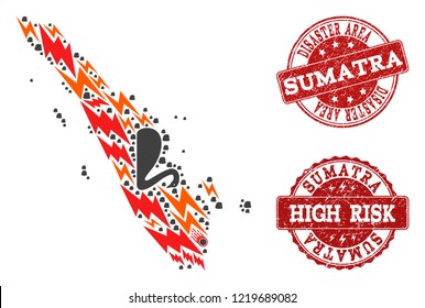 Disaster collage of mosaic map of Sumatra Island and rubber seals. Vector red seals with grunge rubber texture for high risk regions. Flat design for crisis illustrations.