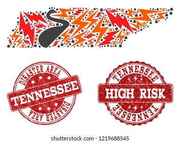 Disaster collage of mosaic map of Tennessee State and scratched seal stamps. Vector red seals with distress rubber texture for high risk regions. Flat design for black swan templates.