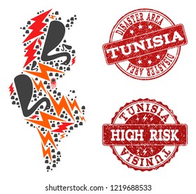 Disaster collage of mosaic map of Tunisia and textured stamps. Vector red seals with corroded rubber texture for high risk regions. Flat design for black swan templates.
