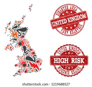 Disaster collage of mosaic map of United Kingdom and scratched seals. Vector red imprints with scratched rubber texture for high risk regions. Flat design for disaster templates.
