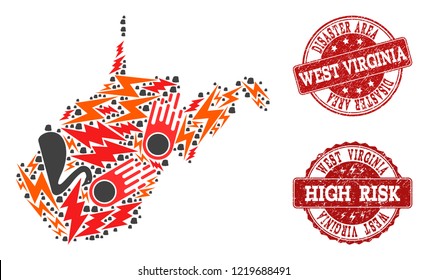 Disaster collage of mosaic map of West Virginia State and grunge seal stamps. Vector red seals with distress rubber texture for high risk regions. Flat design for black swan templates.