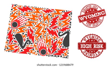 Disaster collage of mosaic map of Wyoming State and grunge seals. Vector red seals with grunge rubber texture for high risk regions. Flat design for crisis purposes.