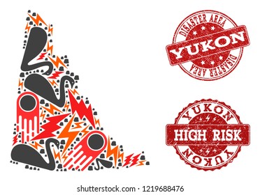 Disaster collage of mosaic map of Yukon Province and unclean stamps. Vector red watermarks with corroded rubber texture for high risk regions. Flat design for black swan templates.