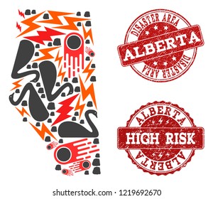 Disaster combination of mosaic map of Alberta Province and unclean seals. Vector red seals with unclean rubber texture for high risk regions. Flat design for disaster posters.