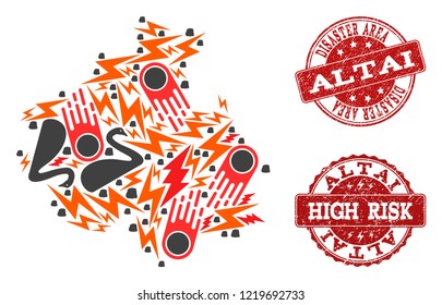Disaster combination of mosaic map of Altai Republic and corroded seal stamps. Vector red imprints with corroded rubber texture for high risk regions. Flat design for black swan illustrations.