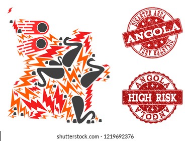 Disaster combination of mosaic map of Angola and rubber stamps. Vector red seals with grunge rubber texture for high risk regions. Flat design for disaster purposes.
