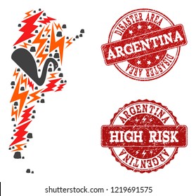 Disaster combination of mosaic map of Argentina and grunge seals. Vector red seals with distress rubber texture for high risk regions. Flat design for storm illustrations.