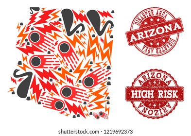 Disaster combination of mosaic map of Arizona State and textured seals. Vector red imprints with grunge rubber texture for high risk regions. Flat design for black swan purposes.