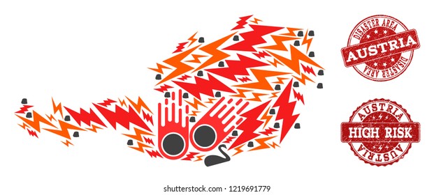 Disaster combination of mosaic map of Austria and scratched seals. Vector red watermarks with scratched rubber texture for high risk regions. Flat design for accident purposes.