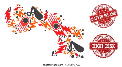 Disaster combination of mosaic map of Baffin Island and rubber seals. Vector red imprints with unclean rubber texture for high risk regions. Flat design for disaster purposes.