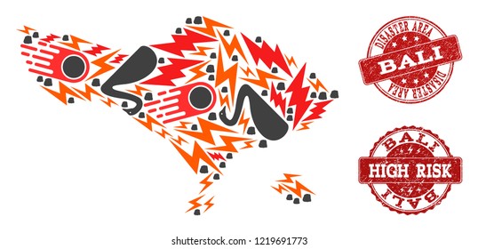 Disaster combination of mosaic map of Bali Island and rubber stamps. Vector red imprints with distress rubber texture for high risk regions. Flat design for black swan purposes.