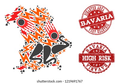 Disaster combination of mosaic map of Bavaria State and rubber seals. Vector red seals with grunge rubber texture for high risk regions. Flat design for black swan templates.