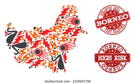Disaster combination of mosaic map of Borneo Island and dirty seals. Vector red seals with unclean rubber texture for high risk regions. Flat design for disaster purposes.
